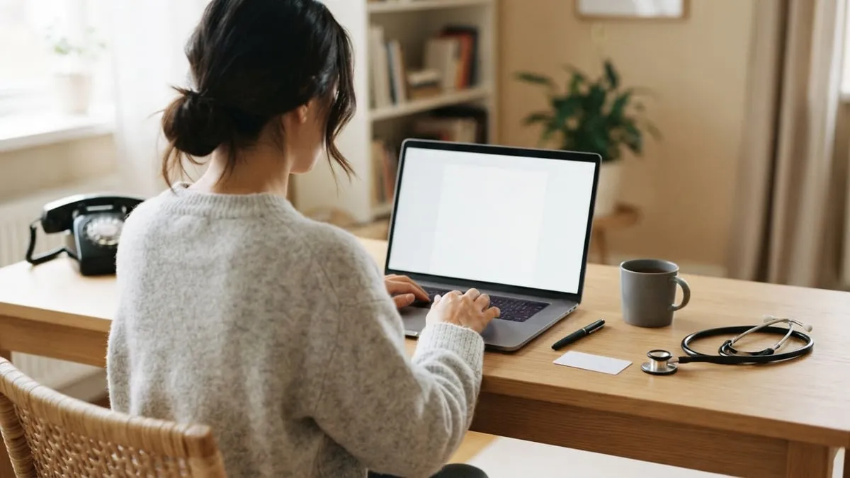Pessoa de costas em uma mesa com notebook, telefone, cartão de plano de saúde e estetoscópio