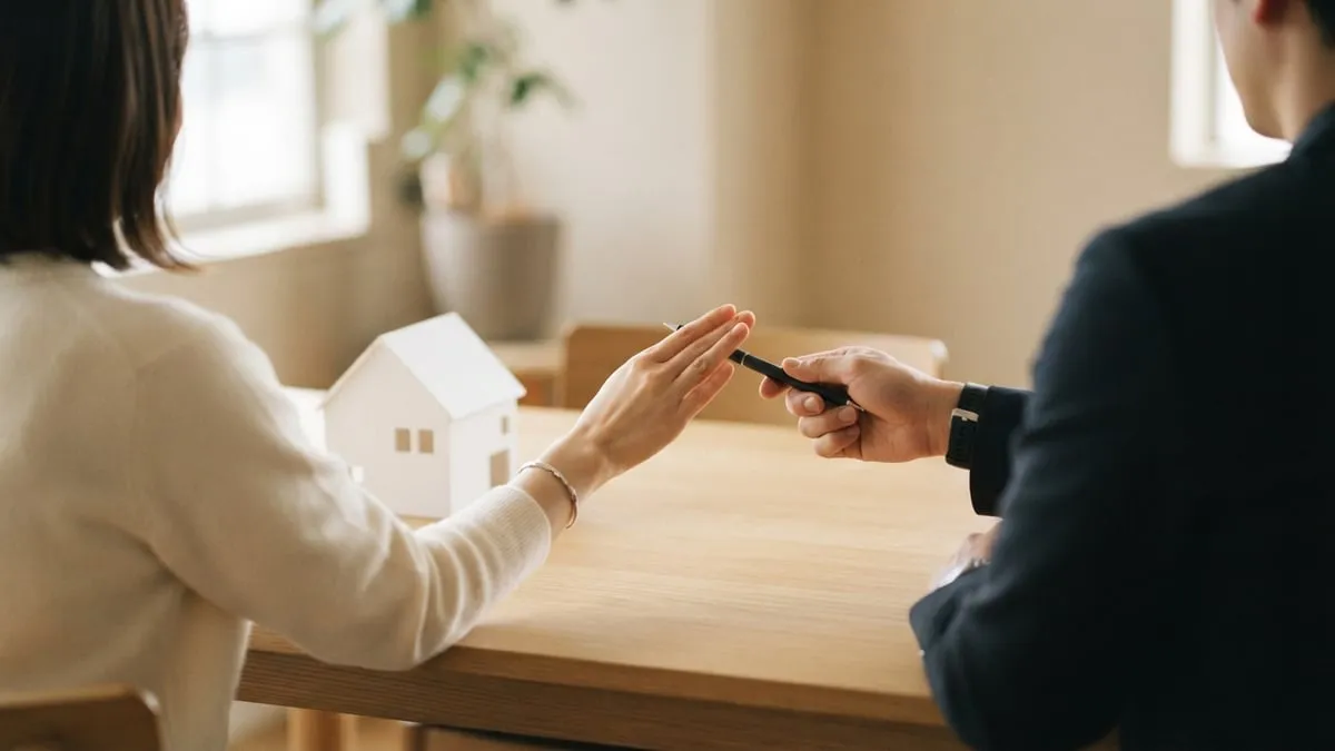 Maquete de casa sobre a mesa enquanto uma mão recusa a caneta oferecida por outra pessoa