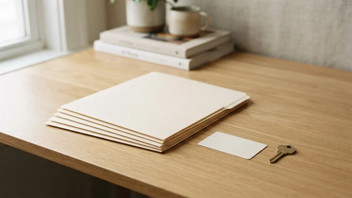 Pastas organizadas, um cartão em branco e uma chave de casa sobre uma mesa clara