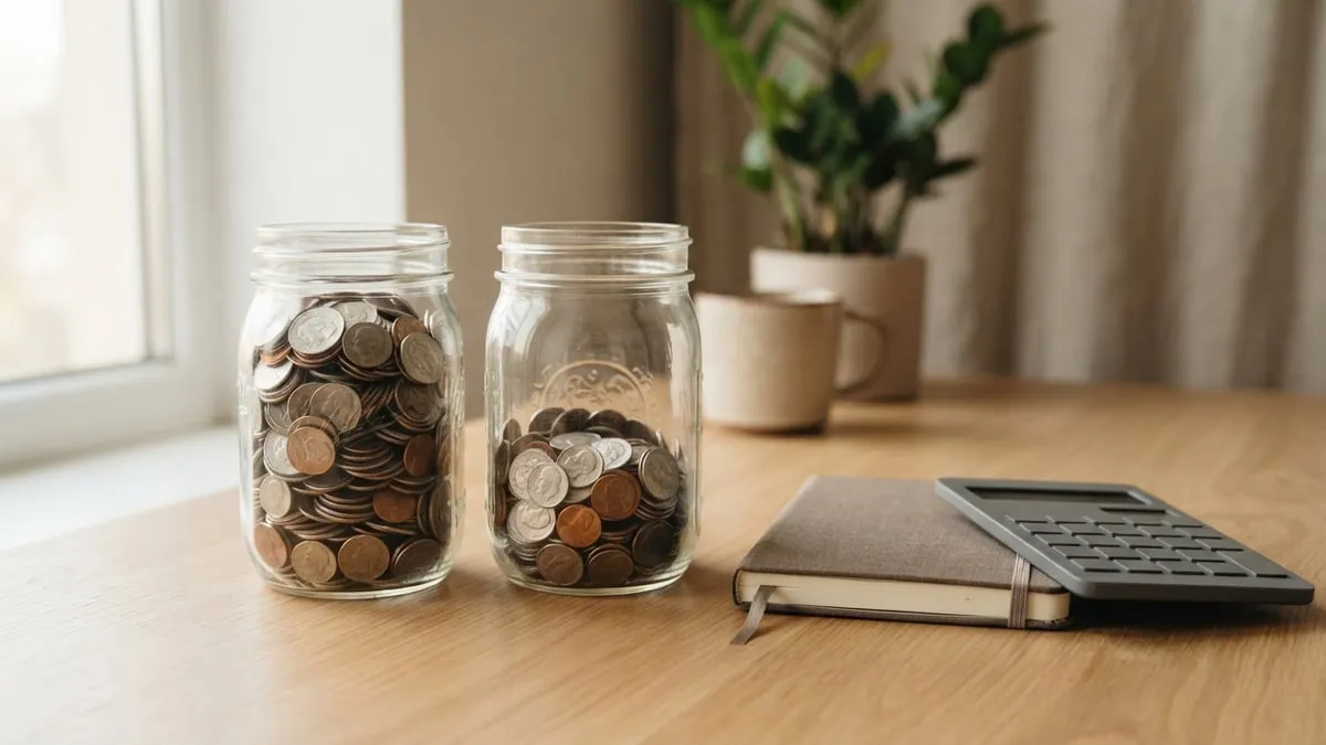 Dois potes de vidro com moedas lado a lado, com calculadora e caderno fechado