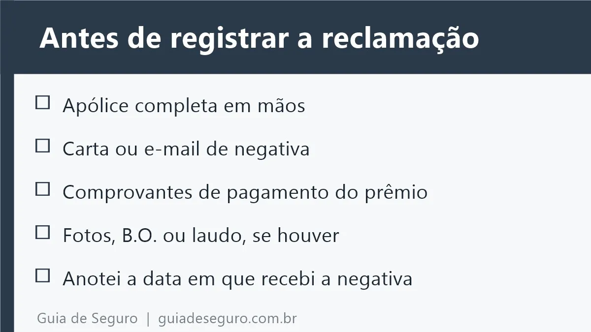 Checklist de documentos e datas para registrar a reclamação contra a seguradora