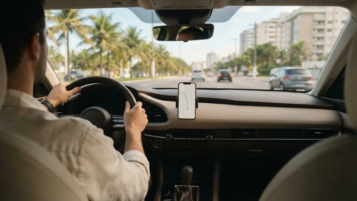 Celular com mapa de rota preso no painel de um carro, com o motorista ao volante e a avenida à frente