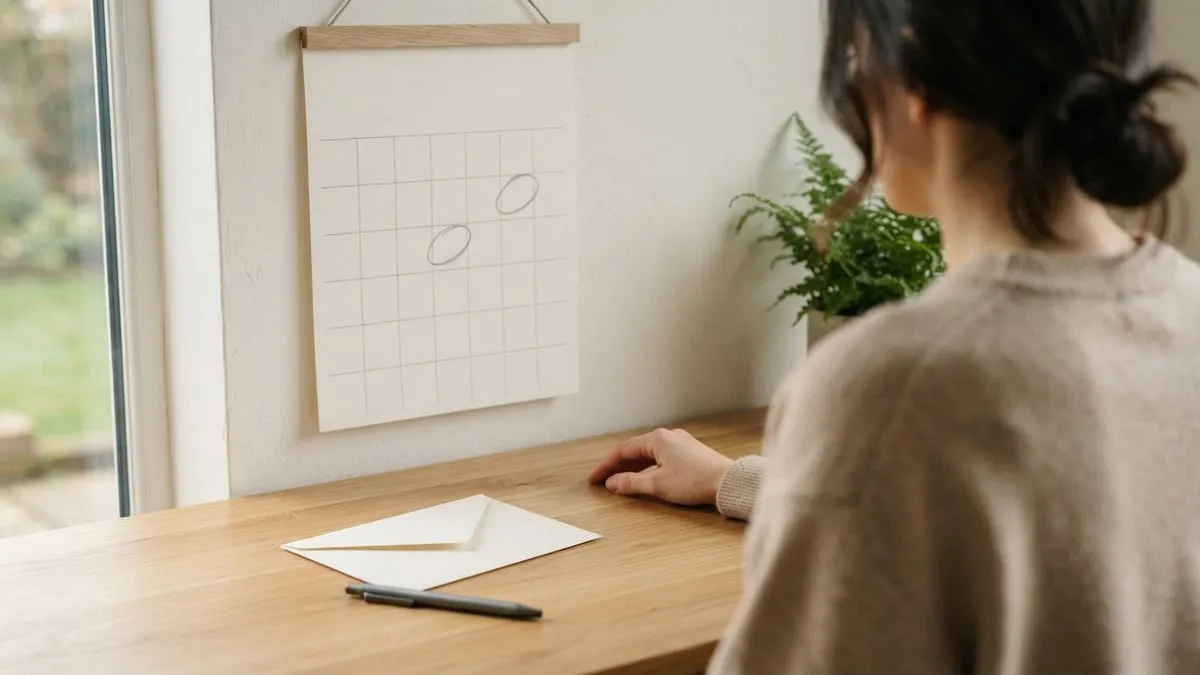 Calendário de parede com dias marcados, envelope fechado e caneta sobre uma mesa