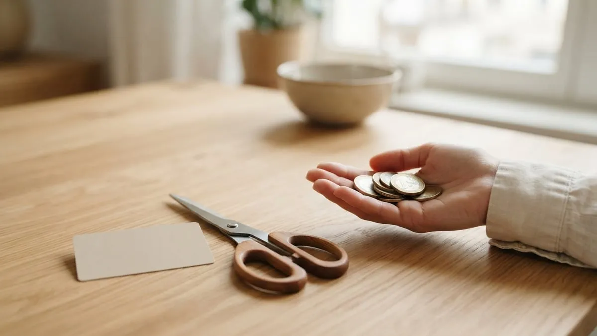Cartão de crédito e tesoura sobre a mesa, com moedas voltando para a mão de uma pessoa
