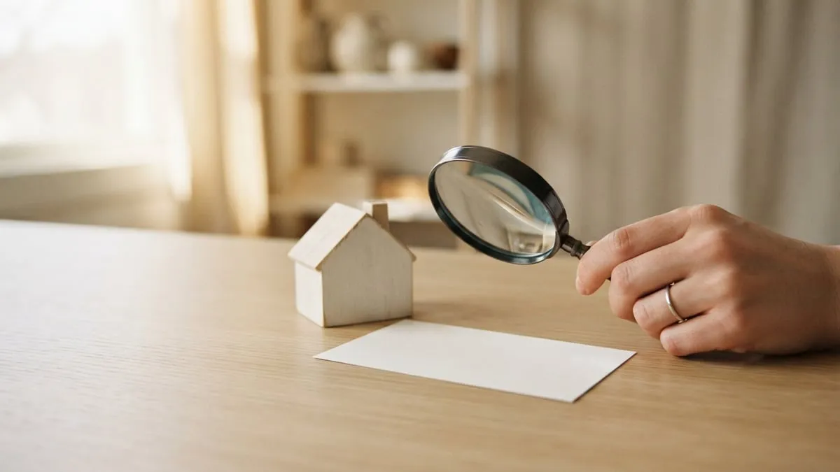 Mão segurando uma lupa sobre um cartão em branco ao lado de uma maquete de casa